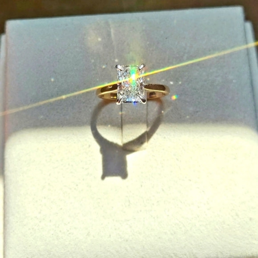 Solid 14k white and yellow gold 2.02ct lab radiant diamond ring with hidden halo